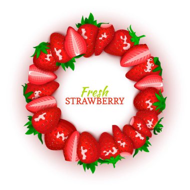 Daire renkli çerçeve lezzetli kırmızı çilek meyvesi oluşur. Vektör kartı çizim. Çilek berry yuvarlak çerçeve tasarımı, Detoks, diyet çay kozmetik gıda ambalaj suyu kahvaltı için.