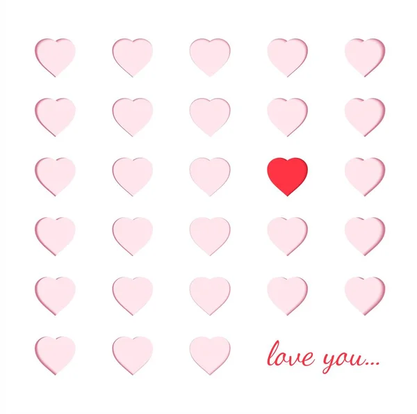 Scrapbooking papír karta s vyřezávanými růžové srdce a jeden různé červené srdce. Origami papercut koncept a Valentýna nápad, vektorové umění a ilustrace. Vyznáním lásky k blahopřání — Stockový vektor