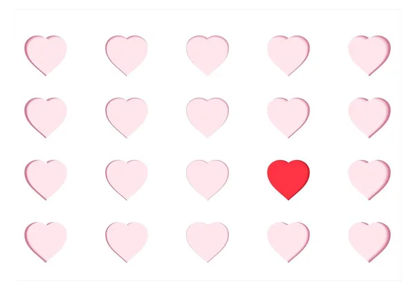 Scrapbooking χαρτί καρτών με σκαλιστά ροζ καρδιές και μία διαφορετική κόκκινη καρδιά. Origami papercut έννοια και ιδέα του Αγίου Βαλεντίνου, διανυσματικά τέχνης και την εικονογράφηση. Σύμβολο της αγάπης για ευχετήρια κάρτα. — Διανυσματικό Αρχείο