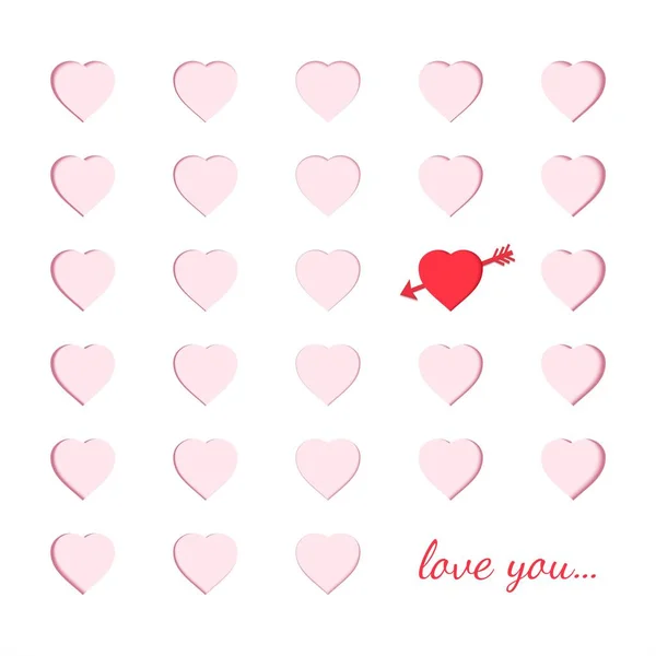 Scrapbooking papír karta s vyřezávanými růžové srdce a jeden na rozdíl od červené srdce s šípem. Origami papercut koncept a Valentýna nápad, vektorové umění a ilustrace. Vyznáním lásky k blahopřání — Stockový vektor