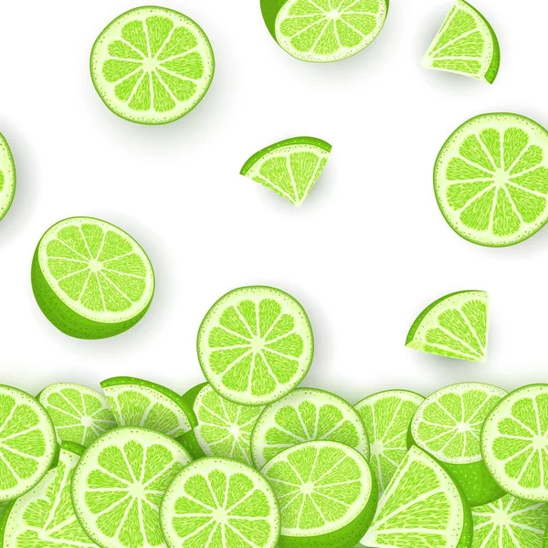 Vectorillustratie van dalende kalk fruit. Groene citroen vector patroon citrus vruchten geheel en plak voor ontwerp van voedsel verpakking ontbijt, detox, cosmetica crème, jam, vruchtensap. — Stockvector
