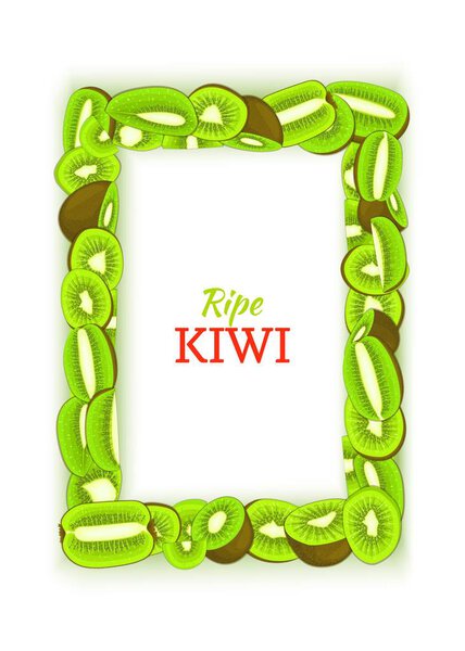 Rectangular vertical frame composed of delicious green kiwi fruit. Vector card illustration. Rectangle kiwifruit fram fruits for design food packaging breakfast, detox, cosmetics cream, jam juice.