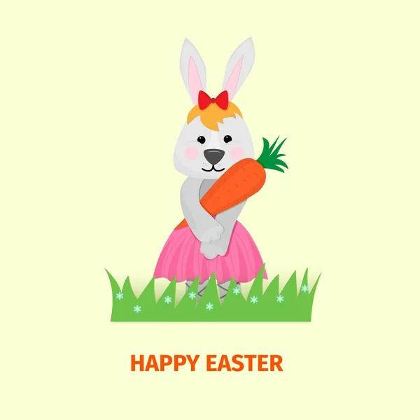Прекрасний кролик на газоні, тримає моркву в лапах. Щаслива ідея Великодня. Вітальна листівка великоднього кролика. Векторні ілюстрації. Хартія кролика на дизайн запрошення, подарунок — стоковий вектор