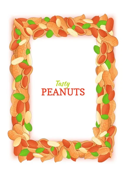 Вертикальная прямоугольная рама из вкусного арахиса. Векторная иллюстрация карты. Рамка из орехов арахиса, фрукты грецкого ореха в раковине, листья оболочки для дизайна упаковки косметики для завтрака — стоковый вектор