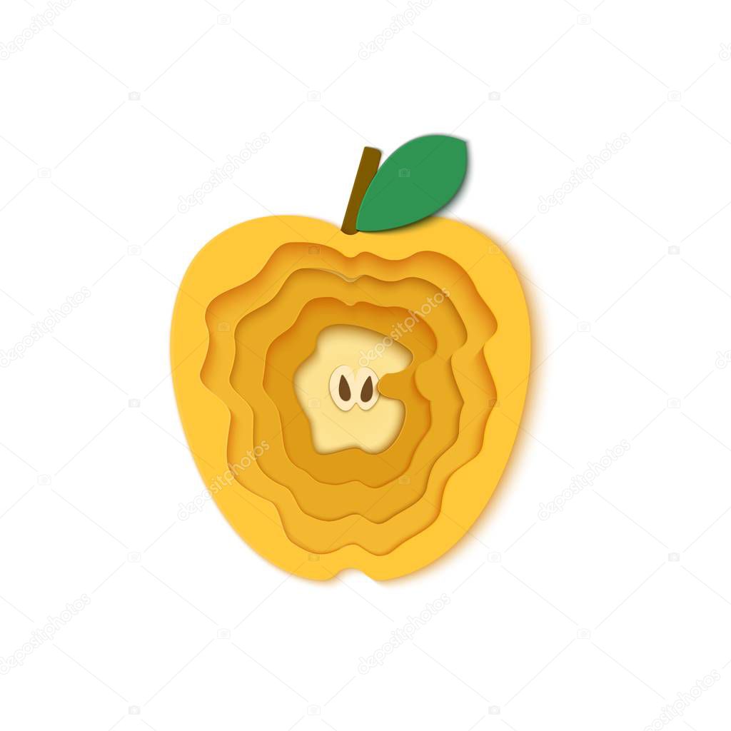 Paper cut apple. Vector illustration. Paper art style apple. Origami concept. Vector paper cut design in the form of yellow apple for design of food packaging breakfast, detox, cosmetics, jam, juice