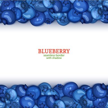 Olgun yaban mersini meyve yatay kesintisiz kenarlıklar. İllüstrasyon kart Wide vektör ve sonsuz şerit tasarımı gıda ambalaj suyu Kahvaltı, kozmetik, çay için mavi berry ile dar, detoks diyet.