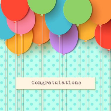 Tebrik kartı. Kağıt uçan balonları kes. Vektör aplike çizim. Düz şenlikli balon dekorasyon tasarımı için kutlamak el ilanı parti afiş, kartı, hediye.
