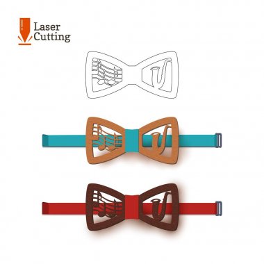 Laser cut bow-tie template musical theme, sheet music and jazz saxophone. Vector silhouette for cutting a bow tie on a lathe made of wood, metal, plastic. The idea of design of a stylish accessory. clipart