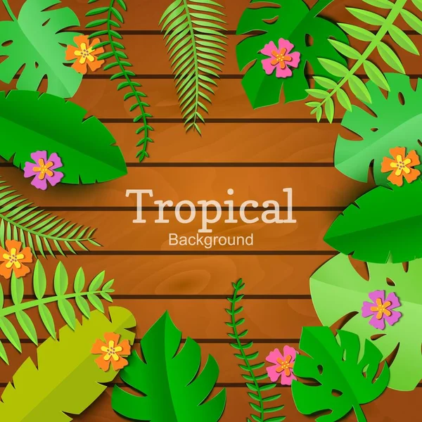 Sanat kağıt tarzı promotoin metin için yer ile ahşap arka plan üzerinde orman yaprağı. Spa salonu kartı şablonu. Egzotik tropik orman rainforest parlak yeşil palmiye monstera bırakır ve kenarlık çerçeve çiçek — Stok Vektör
