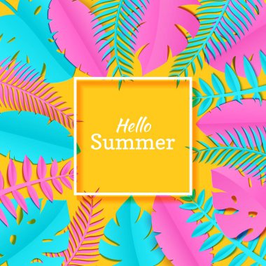 Yaz tropikal palmiye yaprakları, bitkilerde trandy kağıt tarzı kes. Egzotik mavi pembe beyaz kare kare sarı güneşli arka plan Hawaii Yaz üzerinde bırakır. Dikdörtgen etikel vektör kartı çizim