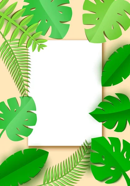 Jungle laat in papier kunststijl met wit vel met plaats voor promotoin tekst. Spa salon kaartsjabloon. Exotische tropische jungle regenwoud helder groene palm monstera verlaat grenskader — Stockvector