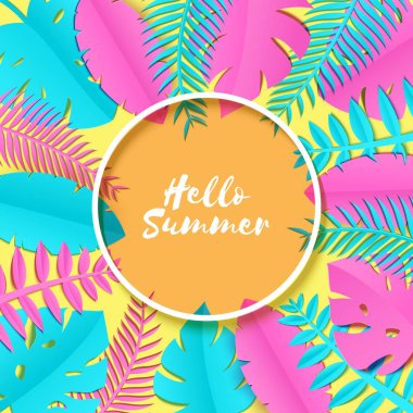 Yaz tropikal palmiye yaprakları, bitkilerde trandy kağıt tarzı kes. Egzotik mavi pembe beyaz yuvarlak çerçeve sarı güneşli arka plan Hawaii Yaz üzerinde bırakır. Daire etikel. Vektör kartı çizim.