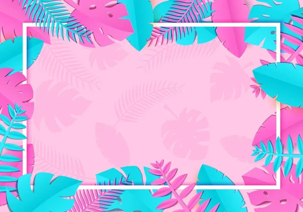 Yaz tropikal palmiye yaprakları, bitkilerde trandy kağıt tarzı kes. Beyaz yatay dikdörtgen çerçeve egzotik mavi pembe pembe arka plan Hawaii Yaz saati bırakır. Vektör kartı çizim — Stok Vektör
