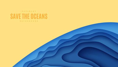 Kesik kağıt biçiminde soyut yatay arkaplan. Dünya posterlerini, Dünya Su Günü 'nü, ekolojik broşürleri kurtarmak için mavi deniz dalgalarını ve kumsal şablonlarını kes. Vektör su uygulaması illüstrasyonu.