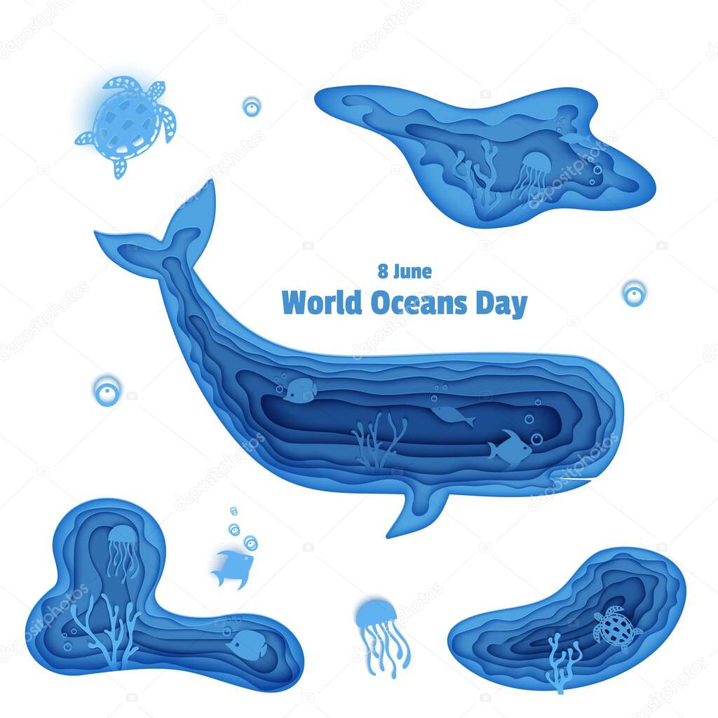 Silhouette of a sperm whale cut out of paper. Papercut style butterflyfish, jellyfish, moonfish, turtle. Craft underwater ocean cave with fishes, coral reef seabed alga Vector World Ocean Day concept.
