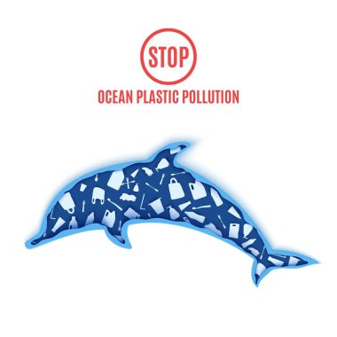 Plastik atıkların içindeki yunus, kağıt kesiği tarzında. Poster tasarım şablonu okyanus plastik kirliliğini durdurur. Vektör ekolojik kavram. Mavili karton deniz altı mağarası.