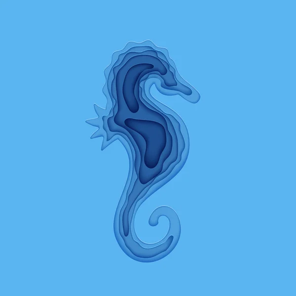 Silhouette d'un hippocampe découpé en papier. Papercut hippocampe élément 3D marine. Craft grotte océanique sous-marine de couleur bleue. Vecteur hippocampe Journée mondiale de l'océan 8 juin concept affiche . — Image vectorielle
