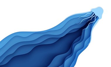 Kağıt kesiği denizanası. Medusa ve dalgalarla okyanus mağarasının altında kağıt işçiliği. Vector deniz yaşamı konsepti. Su altında mavi beyaz renkte karton bir okyanus..