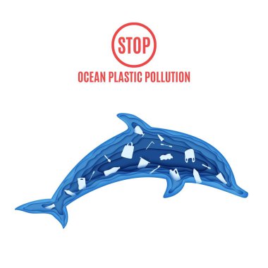 Plastik atıkların içindeki yunus, kağıt kesiği tarzında. Poster tasarım şablonu okyanus plastik kirliliğini durdurur. Vektör ekolojik kavram. Mavili karton deniz altı mağarası.