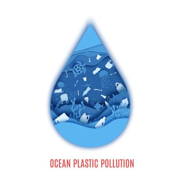 Okyanus plastik kirliliği posteri. Kağıt kesiği, su mağarasının altında derinlik oluşturur. Balıklar, mercan resifleri, deniz yatakları, tek kullanımlık yemek takımı çöpleri. 8 Haziran Dünya Okyanusları Günü Vektör kavramı.