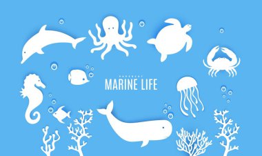 Set ot silhouette of marine life cut out of paper. Sea horse jumping dolphin whale crab, octopus, fish, algae, medusa, turtle. Collection papercut 3d element. Vector Ocean Day concept elements clipart