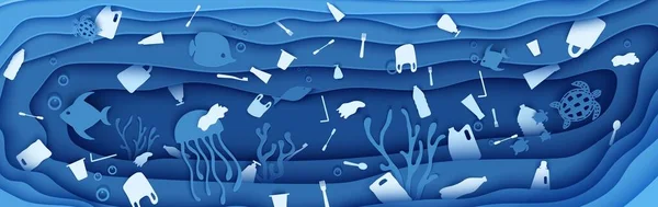 Banner horizontal de contaminación plástica oceánica. Papel cortado mariposa, medusas, pez luna, tortuga alrededor de la basura. Papel vector panorama bajo el agua cueva con peces coral arrecife fondo del mar basura en olas — Vector de stock