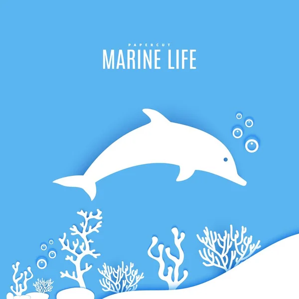 Dolphin under sea in paper cut style. Papercut 3d element marine life undersea algae and coral. Vector ecological concept. Craft cardboard underwater ocean in blue white color. — Stock Vector