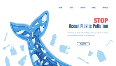 Web sayfası tasarım şablonu kağıt kesimindeki okyanus plastik kirliliğini durdurur. Çöp torbası, şişe ve tek kullanımlık sofra takımı için plastik poşetli kağıt kesim mağarada kuyruk yüzgeci. Vektör ekolojik kavram
