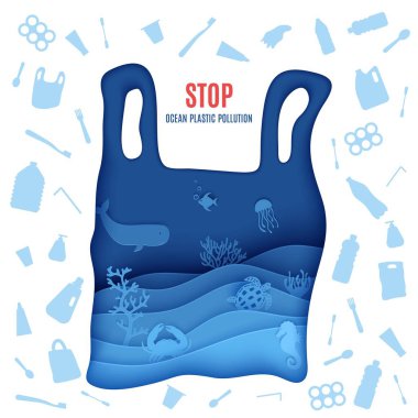 Okyanus plastik kirliliği posterini kağıt kesiminde durdurun. Kartondan oyulmuş plastik torba silueti deniz yaşamı ve tek kullanılmış plastik kaşıklar, çatal, şişe tüp diş fırçası. Vektör eko kavramı