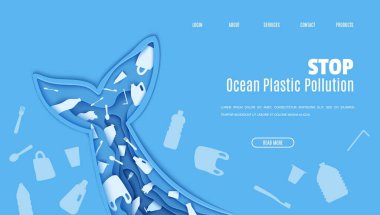 Web sayfası tasarım şablonu kağıt kesimindeki okyanus plastik kirliliğini durdurur. Çöp torbası, şişe ve tek kullanımlık sofra takımı için plastik poşetli kağıt kesim mağarada kuyruk yüzgeci. Vektör ekolojik kavram