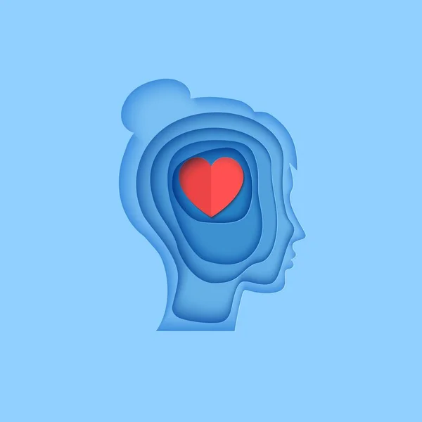 Woman brain head with love hearts in paper cut style. St Valentine day modern vector card concept. Silhouette of papercut layered men with think of love in brain. Girls head cardboard application