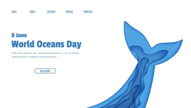 Web sayfası tasarımı, 8 Haziran Dünya Okyanusu Günü konseptini kağıt kesim stiliyle tasarlar. Dalgalı kağıt kesiği şeklinde kuyruk yüzgeci. Vektör ekolojik kavram Dünya posterleri, Dünya Su Günü, ekolojik broşürler.