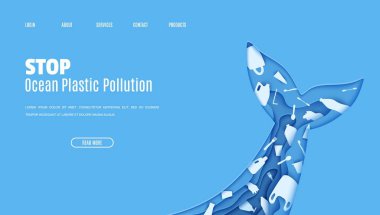 Web sayfası tasarım şablonu kağıt kesimindeki okyanus plastik kirliliğini durdurur. Çöp poşeti ve tek kullanımlık yemek takımı için plastik poşetli kağıt kesim mağarada kuyruk yüzgeci. Vektör ekolojik kavram