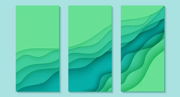 Три абстрактные коллекции вертикальных листовок в стиле вырезанной бумаги. Набор шаблонов зеленых волн для сохранения элементов экологии плакатов Земли. Векторная аквамариновая аппликация — стоковый вектор