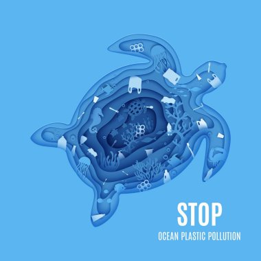 Kağıttan kesilmiş bir kaplumbağa silueti ve okyanus kirliliği pankartı. Su altındaki derin mağaralarda plastik çöplerle el işi. Kartonpiyer karikatür hayvanları. Vektör Dünya Okyanus Günü çevre kavramı.