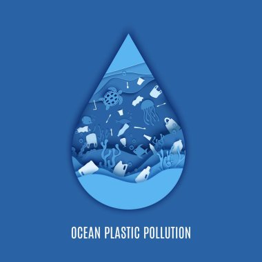 Okyanus plastik kirliliği posteri. Kağıt kesiği, su mağarasının altında derinlik oluşturur. Balıklar, mercan resifleri, deniz yatakları, tek kullanımlık yemek takımı çöpleri. 8 Haziran Dünya Okyanusları Günü Vektör kavramı