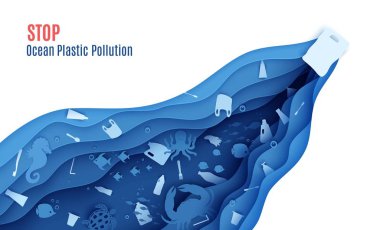 Okyanus plastik kirliliği pankart tasarımı şablonunu kağıt kesim stilinde durdurun. Papercut kelebek balığı, deniz atı, ay balığı, kaplumbağa, yengeç, ahtapot ve plastik çöp. Vektör Dünya Okyanus Günü konsepti