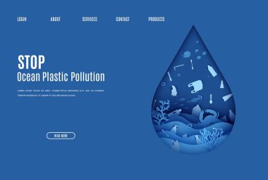 Web sayfası, okyanus plastik kirliliği pankart tasarımı şablonunu kağıt kesme stiliyle durdurur. Su damlası siluetinden su altı görüntüsü. Dünya Su Günü web sitesi konsepti deniz yatağı resifi ve dalga vektöründeki balık