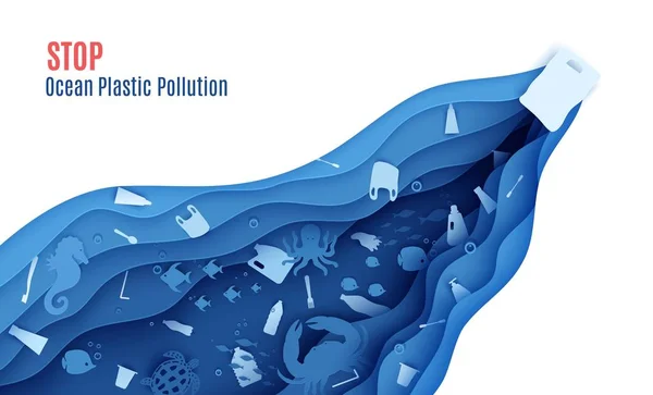 Fermare oceano modello di design banner inquinamento plastica in stile taglio carta. Pesce farfalla, cavalluccio marino, pesce luna, tartaruga, granchio, polpo e rifiuti di plastica. Concetto di Giornata mondiale degli oceani vettoriale — Vettoriale Stock