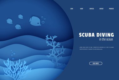 Web sayfası tasarım şablonu kağıt kesiği sualtı okyanus manzarası mağara penceresinden geçiyor. Mercan resifi alg dalgaları içinde deniz balığı. Vektör kağıt işi dalış Dünya Su Günü web sitesi kavramı.