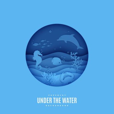 Sualtı dünyasını kağıt kesiği tarzında bir denizaltının penceresinden görmek. Vektör kağıt kesiği dalgası, yuvarlak çerçeveli tropikal deniz yaşamı. Deniz altı dalgıçlığı konsepti. Dünya Okyanusu Günü