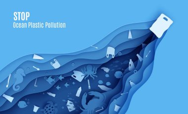 Okyanus plastik kirliliği pankart tasarımı şablonunu kağıt kesim stilinde durdurun. Papercut kelebek balığı, deniz atı, ay balığı, kaplumbağa, yengeç, ahtapot ve plastik çöp. Vektör Dünya Okyanus Günü konsepti