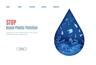 Web sayfası, okyanus plastik kirliliği pankart tasarımı şablonunu kağıt kesme stiliyle durdurur. Su damlası siluetinden su altı görüntüsü. Dünya Su Günü web sitesi konsepti deniz yatağı resifi ve dalga vektöründeki balık