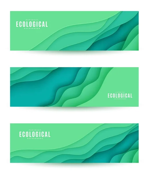 Три абстрактних горизонтальних флаєра в стилі вирізаного паперу. Набір шаблонів зелених хвиль вирізання для збереження елементів екологічного середовища плакатів Землі. Векторна ілюстрація картки аквамарину . — стоковий вектор
