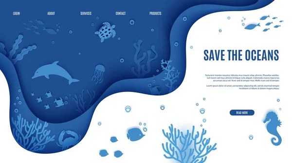 Modelo de design de página web em estilo de corte de papel subaquático oceano vista subaquática através do pórtico caverna. Peixes marinhos de recifes de coral em ondas de algas. Vector papel artesanato mergulho World Water Day website concept . — Vetor de Stock