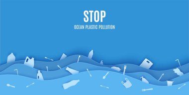 Okyanus plastik kirliliği pankart tasarımı şablonunu kağıt kesim stilinde durdurun. Kağıt kesikli arka planda deniz dalgaları ve çöp var. Ekolojik poster şablonu. Vektör Dünya Okyanus Günü konsepti
