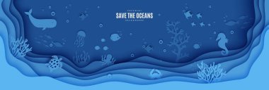 Kağıt kesiği, kelebek balığı, deniz atı, ay balığı, kaplumbağa, yengeç, ahtapot. Kağıt ustası, okyanus mağarasının altında mercan resif yatağı ve alg dalgalarıyla kaplı bir arka plan oluşturmuş. Vector deniz yaşamı konsepti