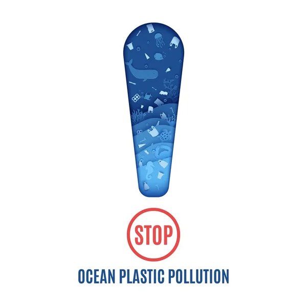 Припиніть дизайн пластмасового забруднення в стилі обрізання паперу. Паперовий 3d знак оклику, всередині якого жителі моря пластикове сміття на білому тлі. День Вектора Всесвітній день океану — стоковий вектор