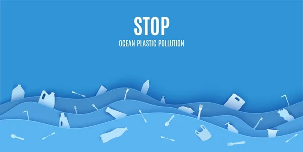 Fermare oceano modello di design banner inquinamento plastica in stile taglio carta. Carta di sfondo 3d con onde marine e spazzatura. Modello di poster ecologico. Concetto di Giornata mondiale degli oceani vettoriale — Vettoriale Stock