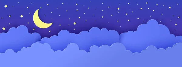 Cielo nocturno en estilo de corte de papel. Fondo 3d con oscuro paisaje nublado con estrellas y el arte de corte de papel de luna. Lindas nubes de origami de cartón. Tarjeta vectorial para desear buenas noches dulces sueños . — Vector de stock